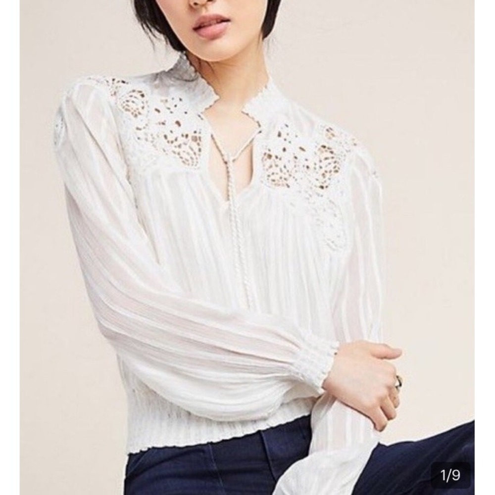Anthropologie Moira Blouse Lace Detail‎ Size 10 Ivory